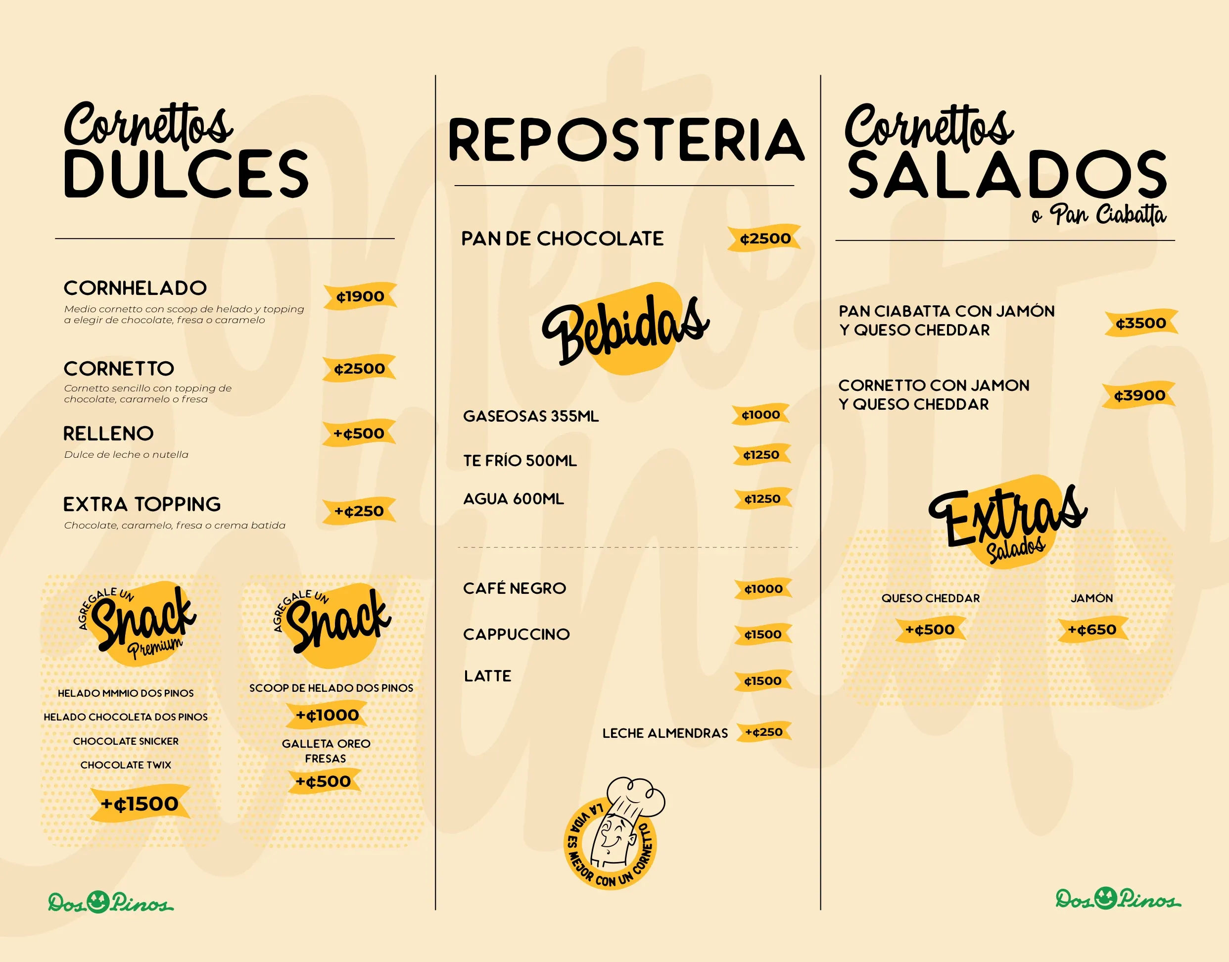 Menú de Neto Cornetto con cornettos dulces, repostería, bebidas y salados